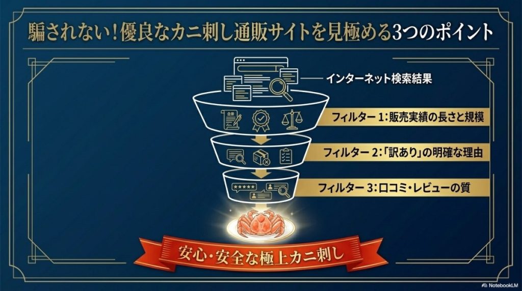 騙されない!優良なカニ刺し通販サイトを見極める3つのポイントの図解