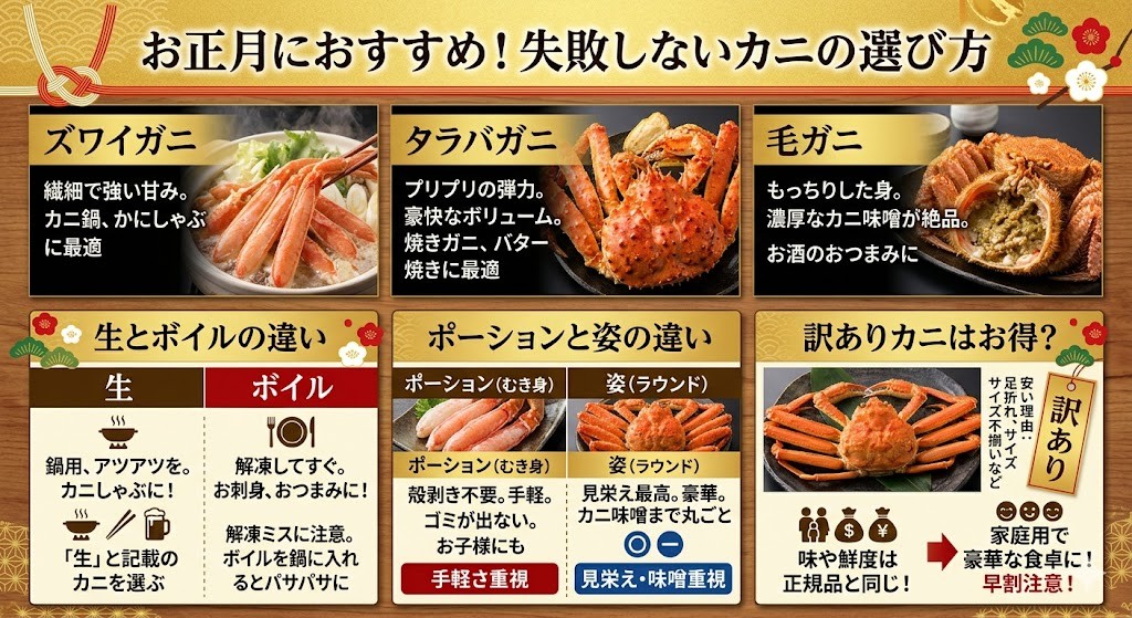 ズワイガニ、タラバガニ、毛ガニ…正月におすすめの種類と選び方をわかりやすく図解