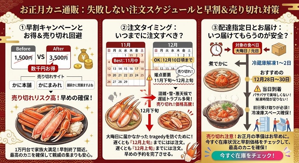 年末年始のお届け事情と早割・売り切れ注意をわかりやすく図解