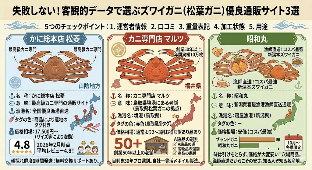 失敗しない!客観的データで選ぶズワイガニ(松葉ガニ)優良通販サイト3選をわかりやすく図解