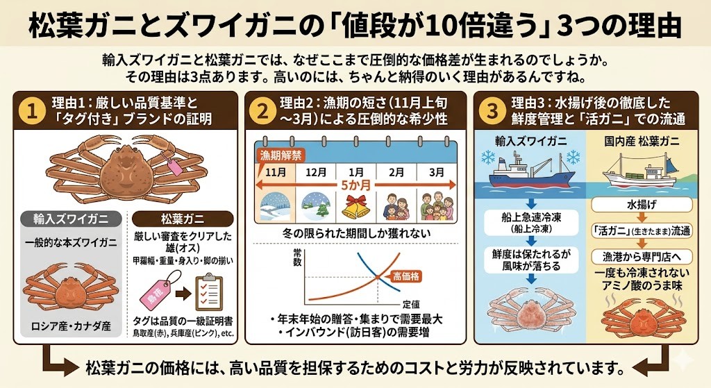 松葉ガニとズワイガニの「値段が10倍違う」3つの理由をわかりやすく図解