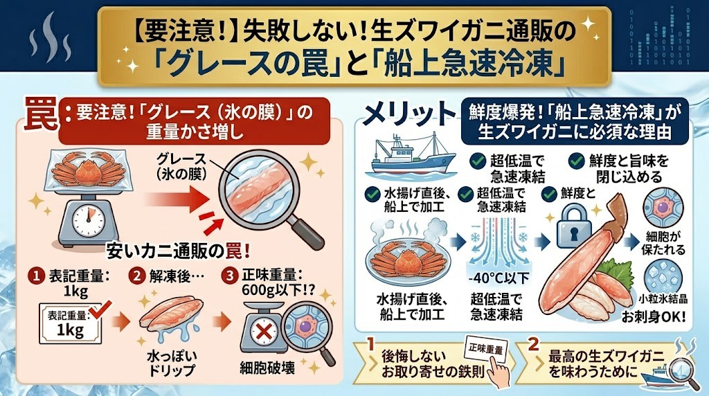 要注意!「グレース(氷の膜)」の罠と「船上急速冷凍」のメリット