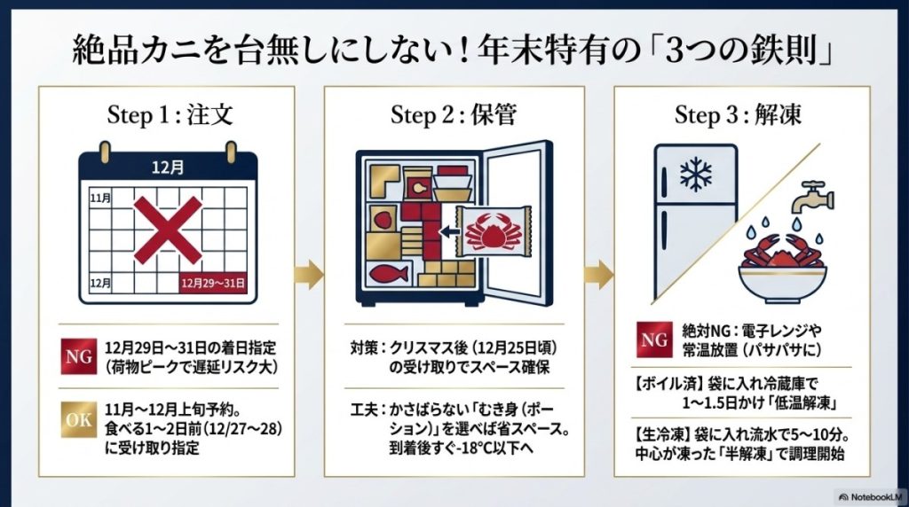 年末特有のトラブル回避ノウハウ!カニ通販で失敗しない3つの鉄則の図解