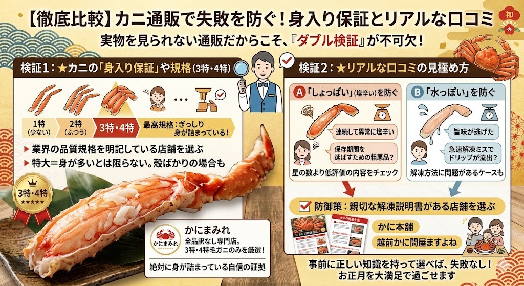 【徹底比較】カニ通販で失敗を防ぐ!身入り保証とリアルな塩加減の口コミをわかりやすく図解