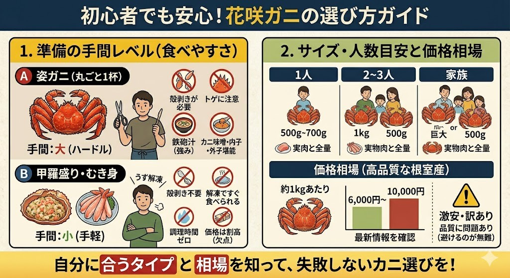 初心者でも安心!「準備の手間レベル(食べやすさ)」と「サイズ・相場」で選ぶ花咲ガニ