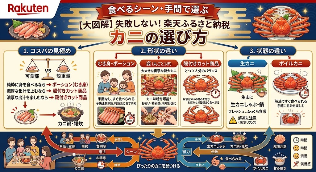 失敗しない!楽天ふるさと納税でのカニの選び方(コスパ・むき身・ポーション)の図解
