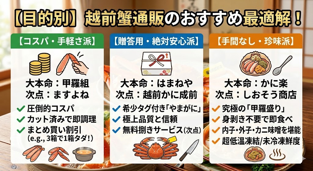 【目的別】絶対に失敗しない!越前蟹通販のおすすめ最適解(コスパ・贈答・甲羅盛り)
