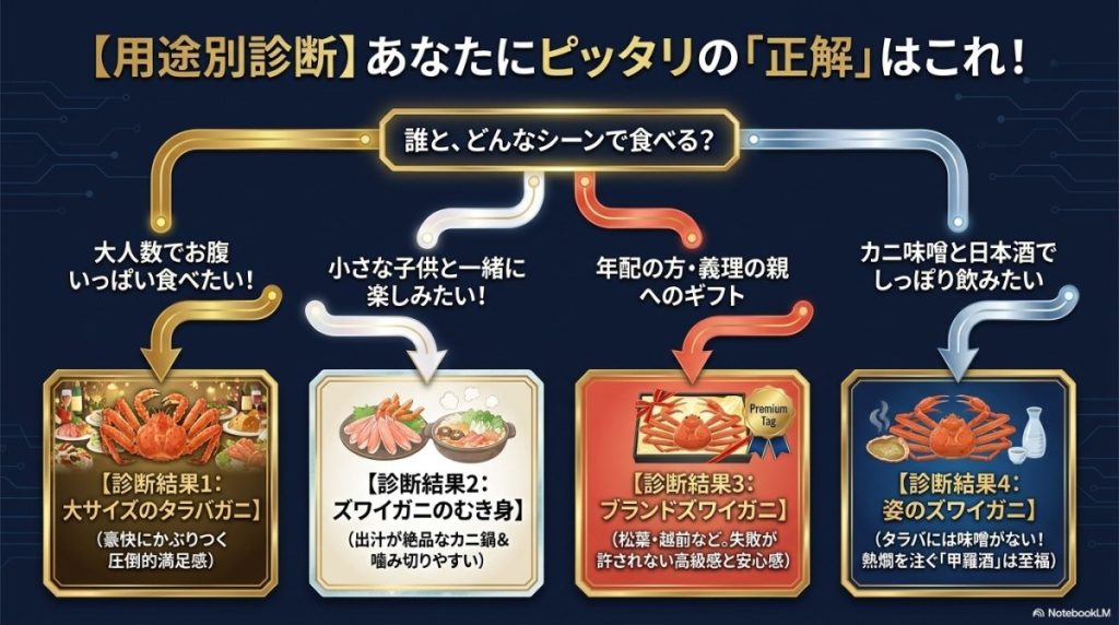 「用途別診断」あなたにピッタリのカニの図解