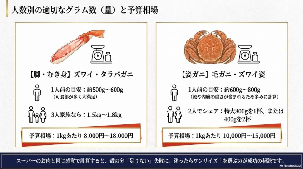 北海道のカニ通販における人数別の適切なグラム数(量)と予算相場