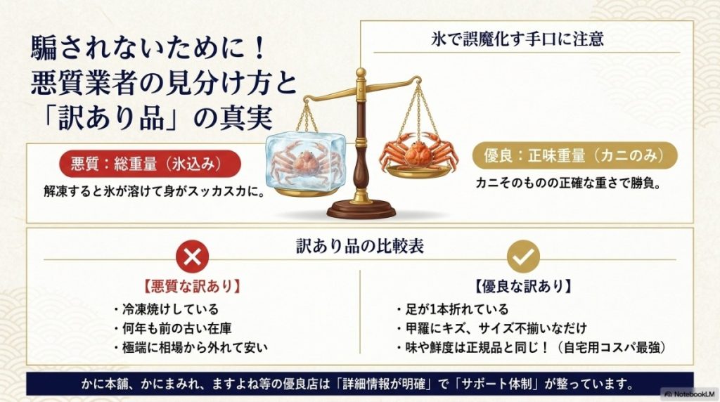 松葉ガニ通販で失敗しない!悪質業者の見分け方と訳あり品の真実の図解