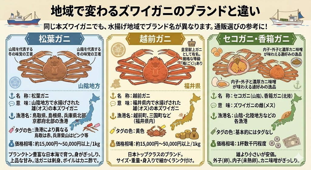 松葉ガニ・越前ガニなど、地域で変わるズワイガニのブランドと違いをわかりやすく図解