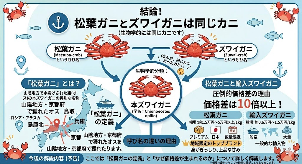 結論!松葉ガニとズワイガニに生物学的な違いはない(同じカニ)をわかりやすく図解