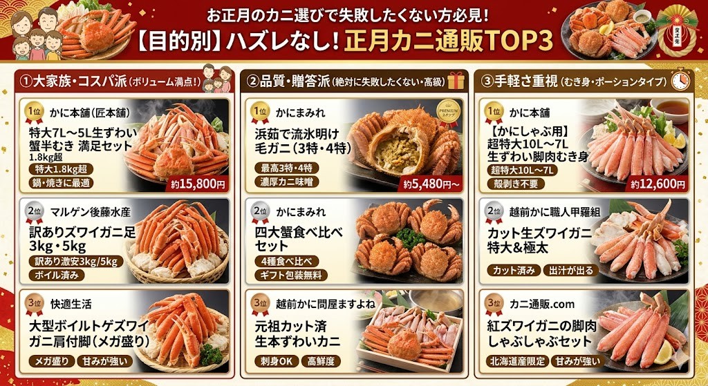 【目的別】絶対にハズレない!正月向けカニ通販おすすめTOP3をわかりやすく図解