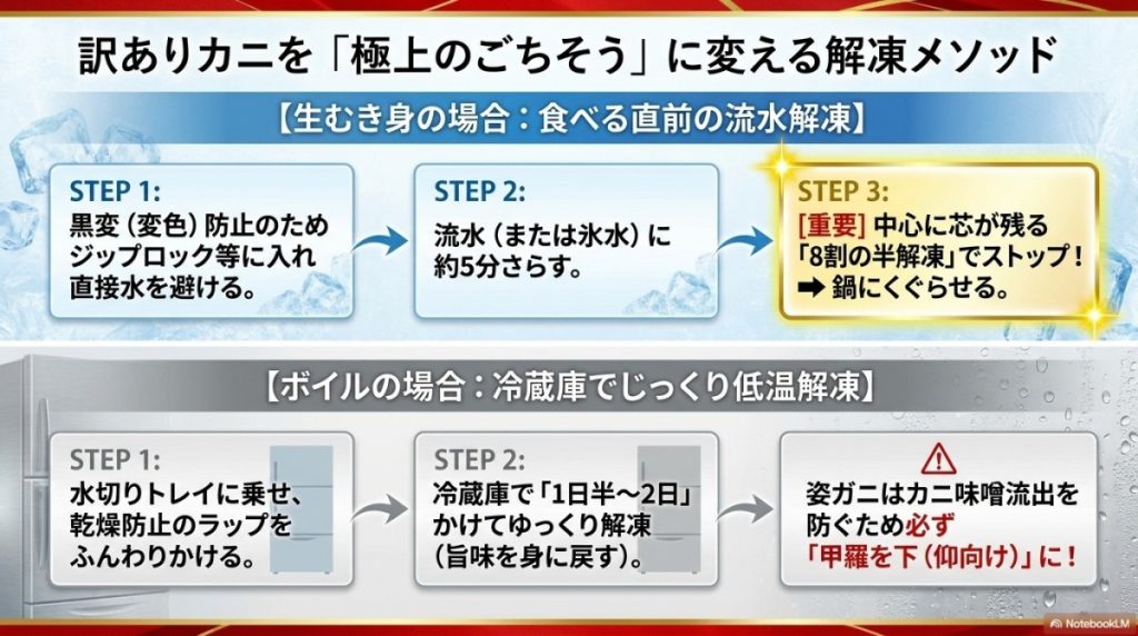 生むき身カニの解凍は「食べる直前の流水解凍」が鉄則