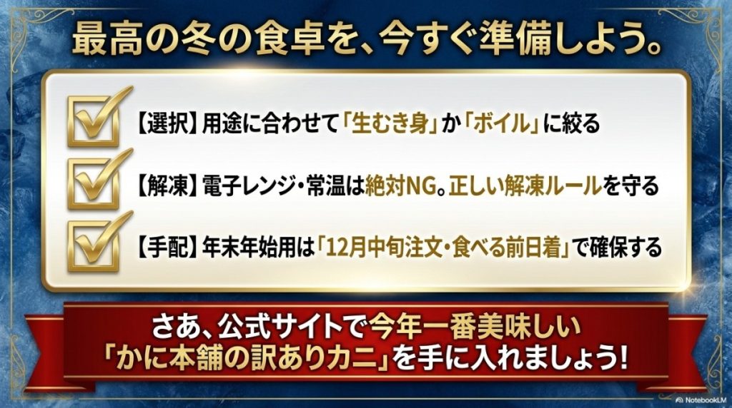 まとめ:かに本舗の「訳ありカニ」失敗しない3つのポイント図解