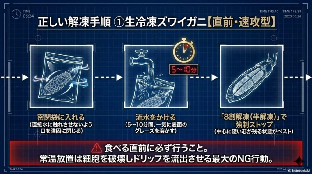 生冷凍ズワイガニの正しい解凍法|なぜ5〜10分の流水解凍が必須なのか?