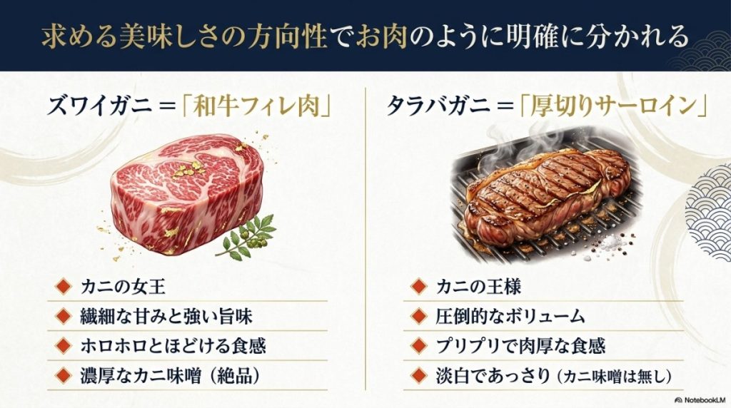 ズワイガニとタラバガニどっちが美味しい?求める美味しさの方向性によって明確に分かれることを解説した図解。