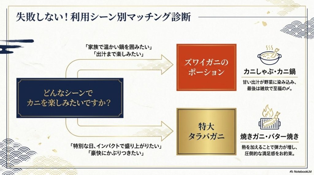 タラバガニとズワイガニのカニ選びマッチング診断の図解。