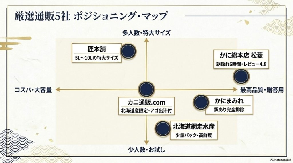 ズワイガニ・タラバガニが美味しいおすすめカニ通販5社のポジショニングマップ。