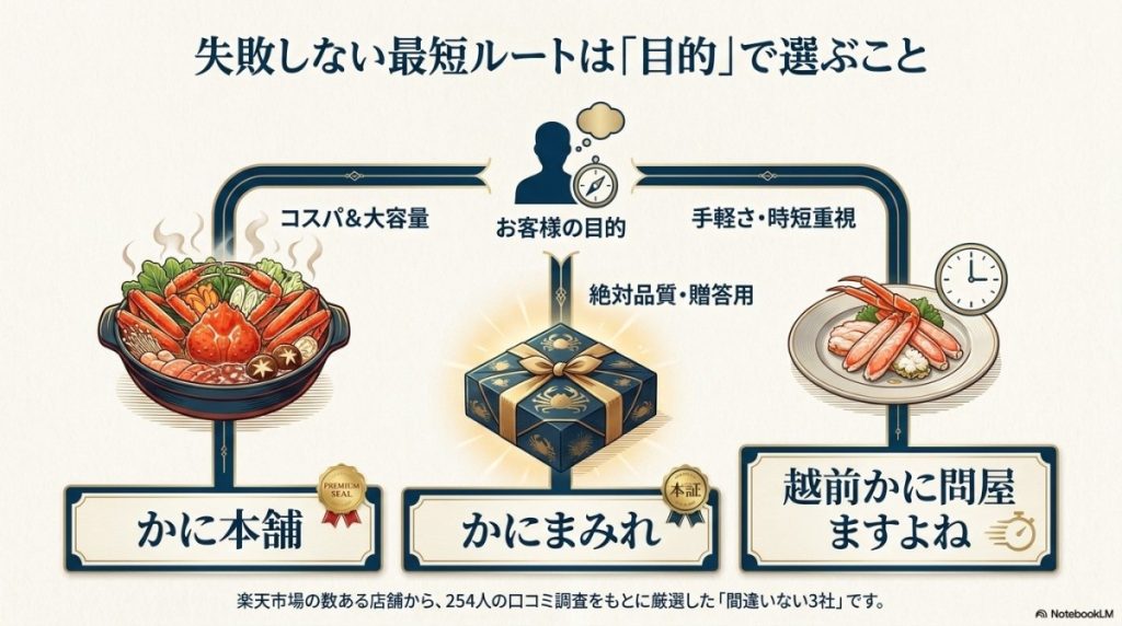 目的別、楽天で絶対に間違いないカニ通販おすすめ3選の図解。