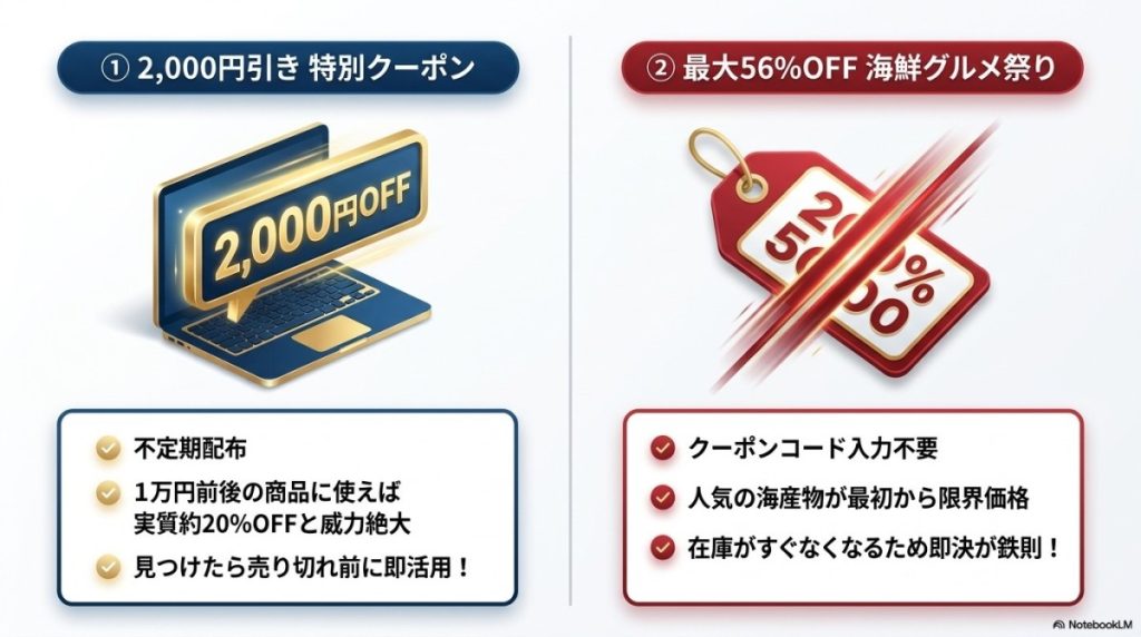①特定期間に登場!かに本舗の「2,000円引きの特別クーポン」とは?