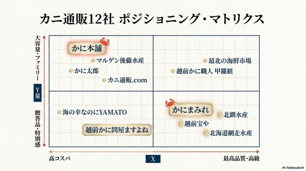 カニ通販12社。ポジショニング・マトリクスの図解。