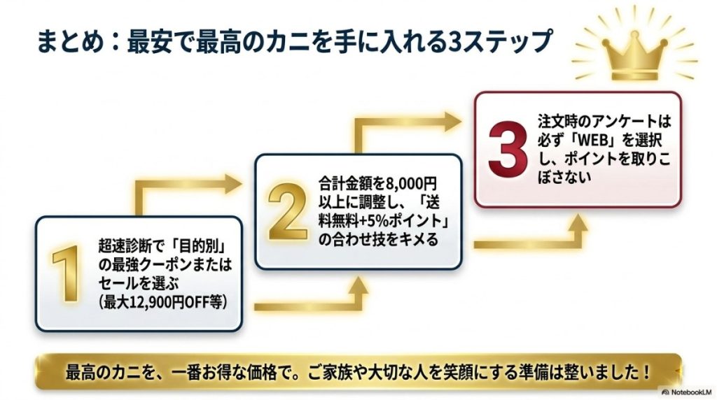 まとめ:かに本舗の最適なクーポンで最高に美味しいカニをお得に味わおう!