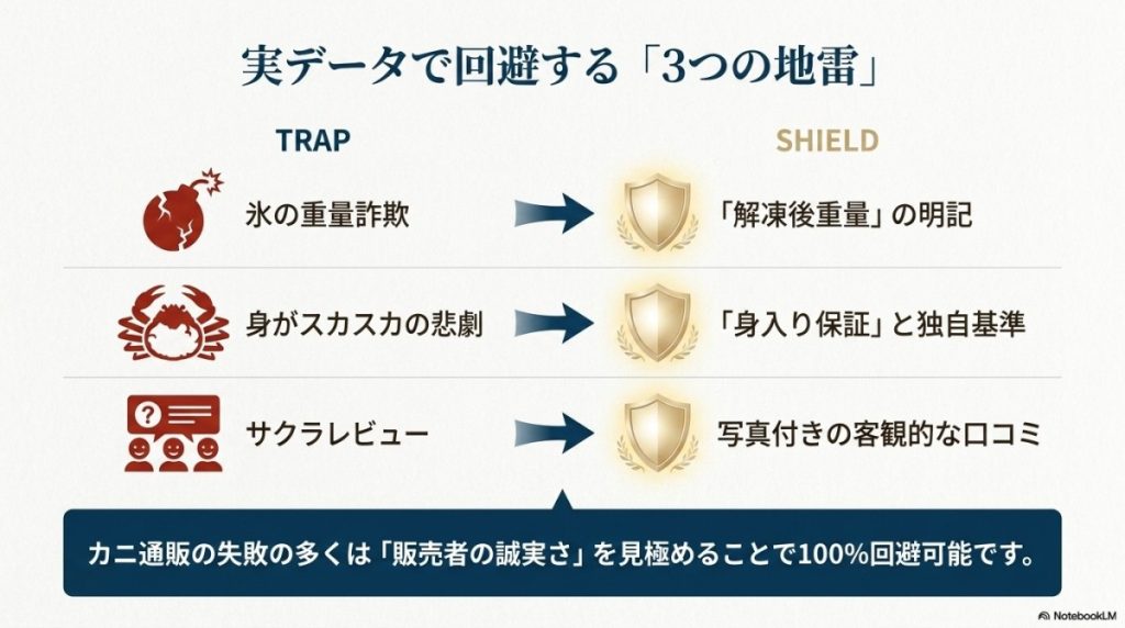 実データで選ぶ!楽天カニ通販で失敗しない3つの選び方の図解。