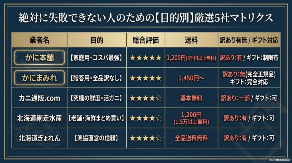 絶対に失敗できない人へ。かに本舗を含む目的別おすすめカニ通販5社