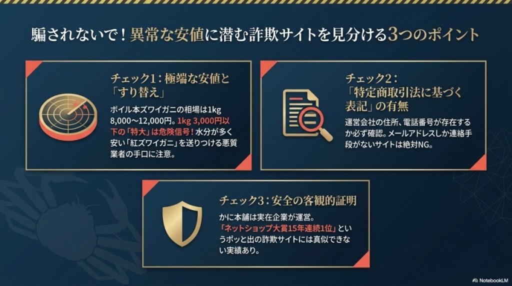 カニ通販の「怪しい」詐欺・悪質サイトを見分ける3つのポイント