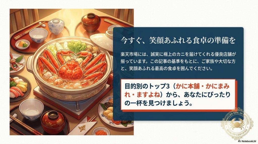 間違いないカニ通販のまとめ。
目的別トップ3(かに本舗・かにまみれ・ますよね)がおすすめという図解。