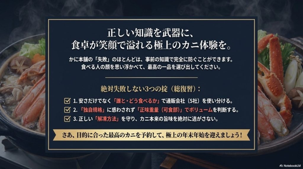 まとめ:失敗しない選び方で、最高のカニ体験を