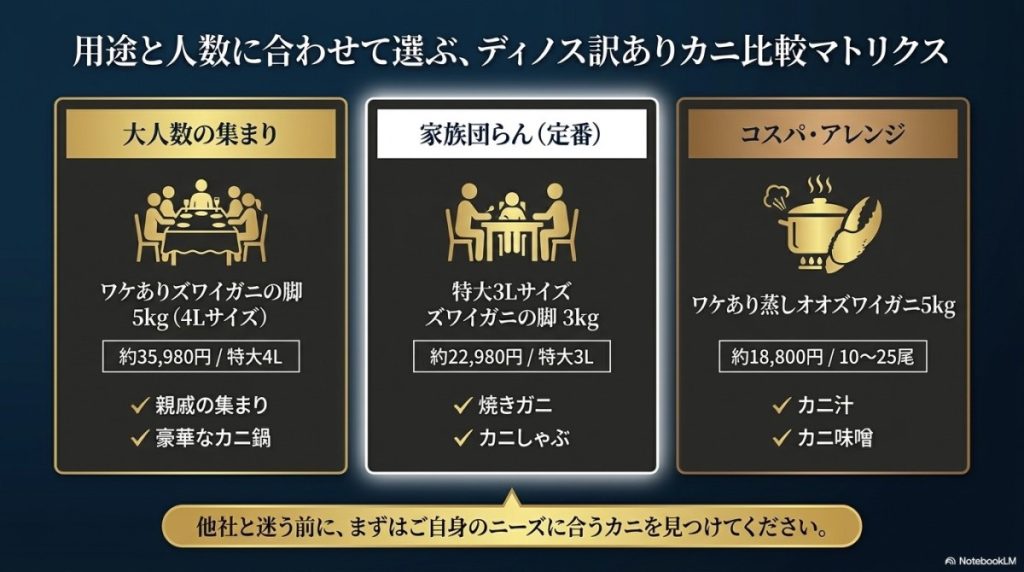 【徹底比較】ディノス内の訳ありカニ一覧!用途別おすすめズワイガニ
