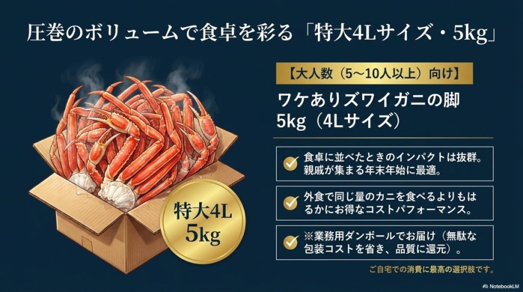 大人数やコスパ重視派なら「ワケありズワイガニの脚 5kg(4Lサイズ)」