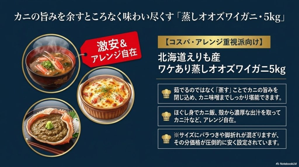カニ汁や加工料理・激安重視なら「北海道えりも産 ワケあり蒸しオオズワイガニ5kg」