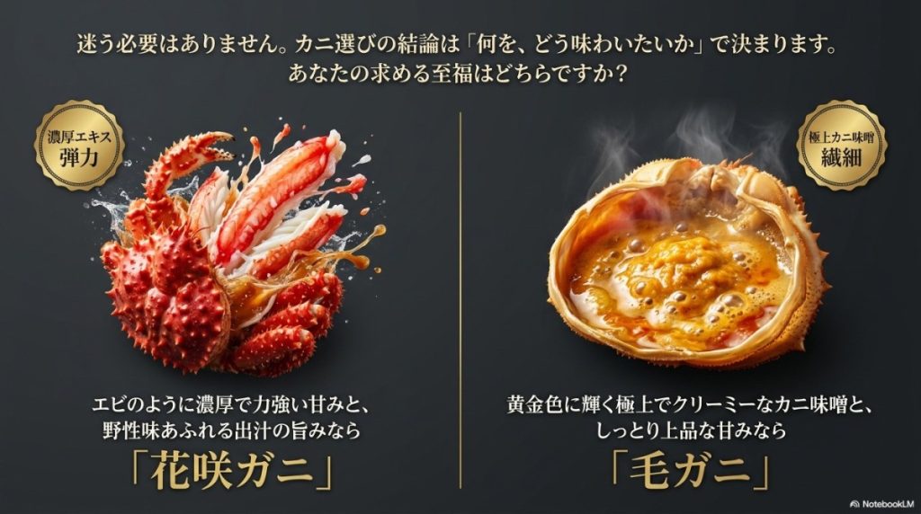 花咲ガニと毛ガニ、どっちが美味しいかについて結論をのべた図解。