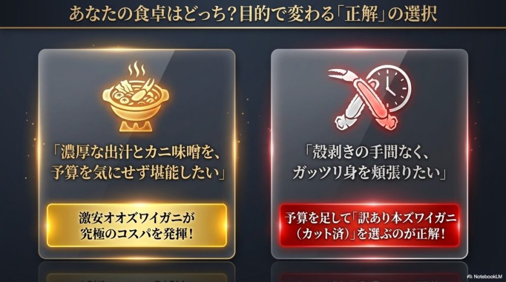オオズワイガニと本ズワイガニのどちらを選ぶか、用途によって明確に分けることが失敗しない選び方であるという図解。