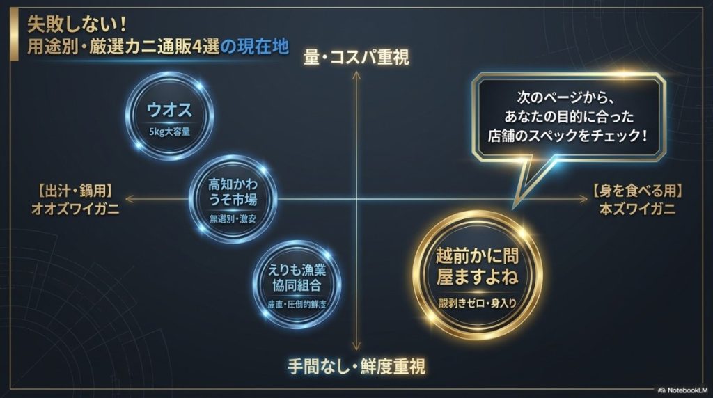 オオ ズワイガニ 通販 激安の罠を回避!産地直送や業務用の用途別おすすめカニ4選の図解。