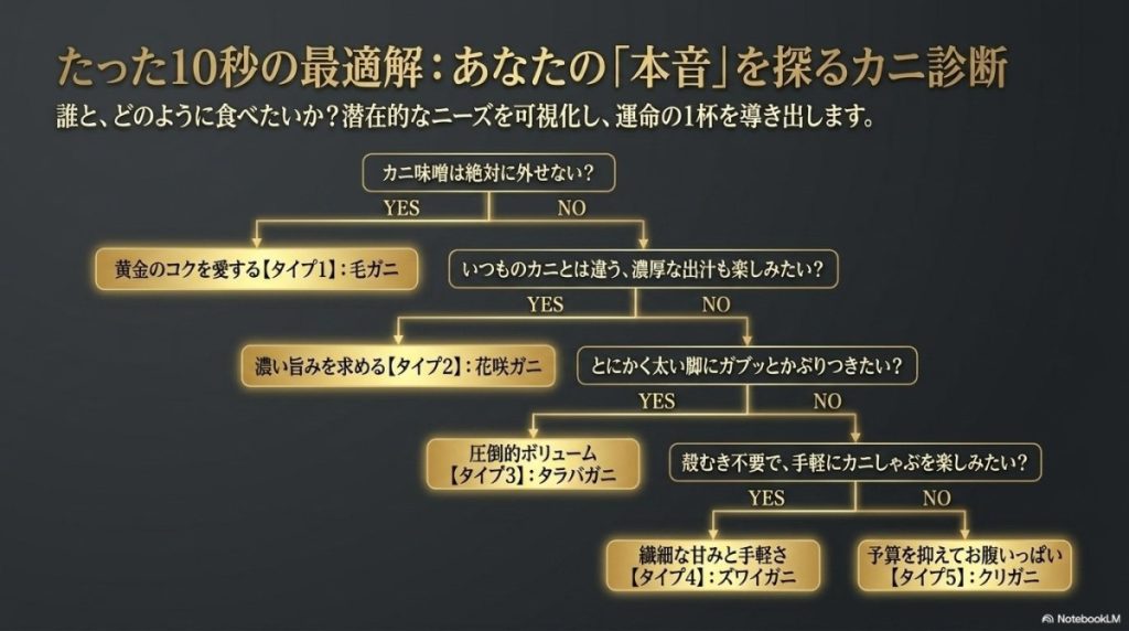 5つのタイプ別「最高のカニ」診断についての図解。