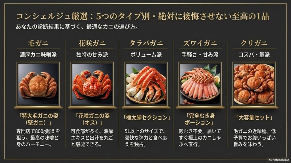 5つのタイプ別、カニ通販コンシェルジュが絶対の自信で推す最高の商品についての図解。