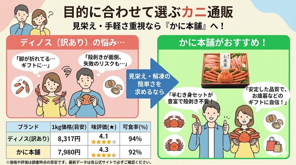 他社への代替案!見栄えや解凍の簡単さを求めるなら「かに本舗」を選ぼうをわかりやすく図解