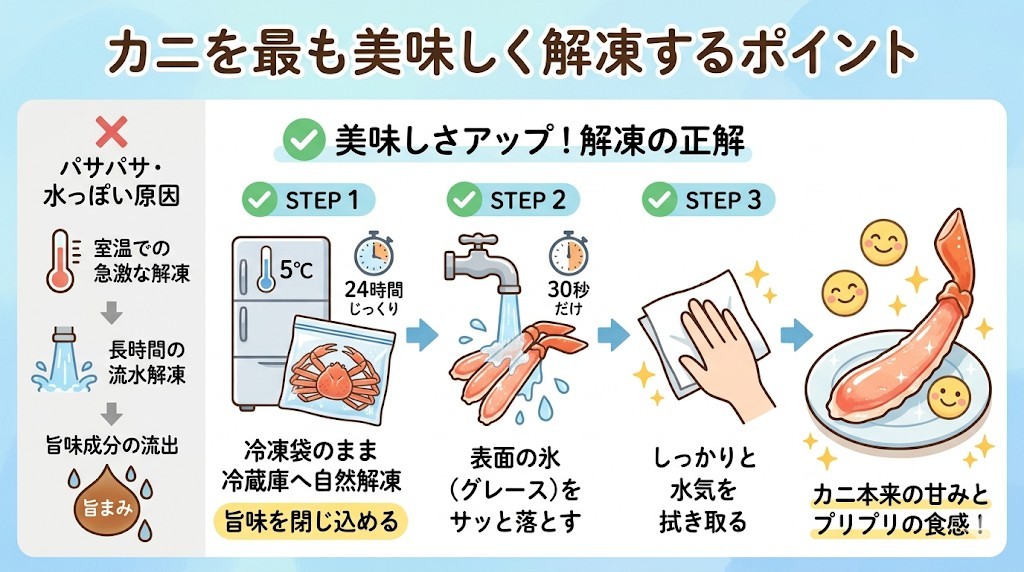 パサパサ・水っぽい原因は解凍失敗!「冷蔵庫5℃で24時間+流水30秒」が正解をわかりやすく図解