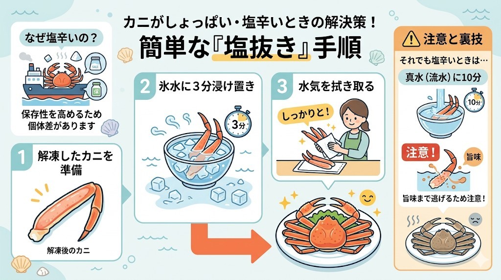 しょっぱい・塩辛い口コミの解決策!「氷水3分(または流水10分)」の塩抜き手順をわかりやすく図解