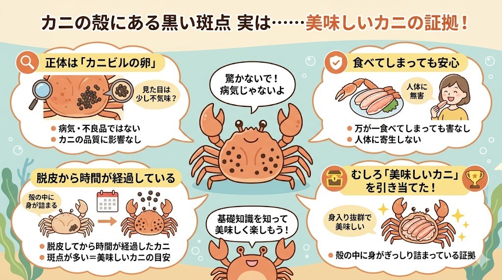 殻の黒い斑点(カニビルの卵)は美味しい証拠?クレーム前の基礎知識をわかりやすく図解