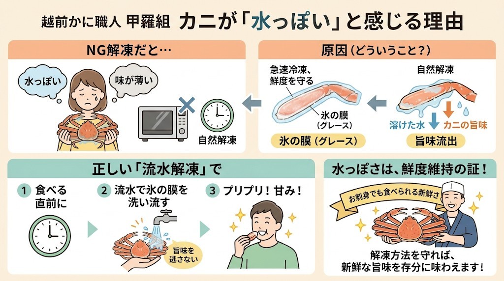 理由1:水っぽくて味が薄いと感じる(流水解凍の失敗)をわかりやすく図解