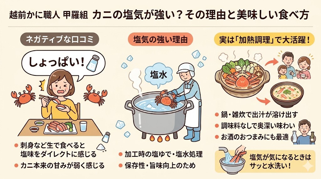 理由2:塩辛い・塩気が強いという口コミ(生食よりカニ鍋向き)をわかりやすく図解