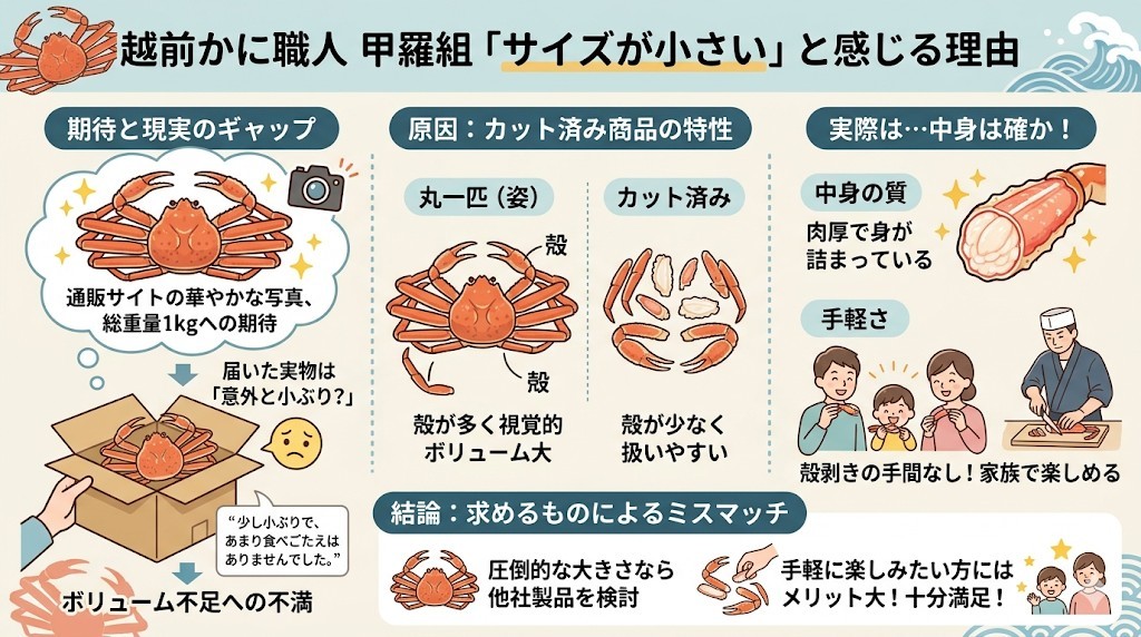 理由3:サイズが小ぶりで身入りが物足りない(ボリューム不足)をわかりやすく図解