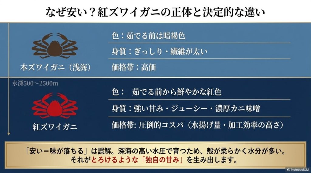 なぜ激安で買えるのか?紅ズワイガニ通販が安い理由と本ズワイガニとの違いについての図解。