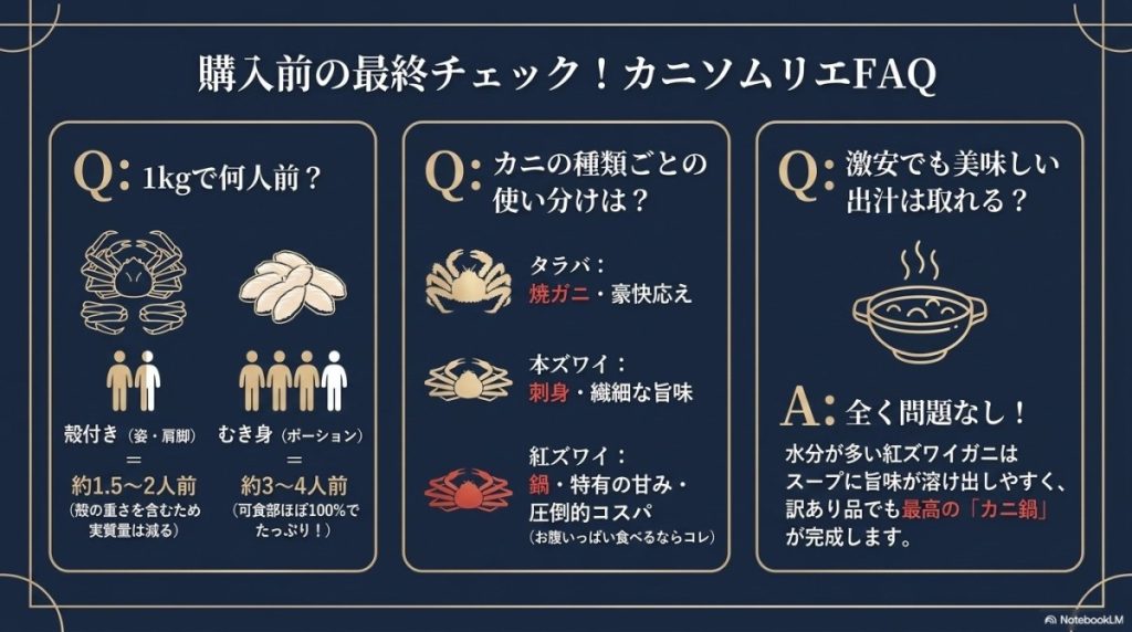 紅ズワイガニに関するよくある質問の図解。