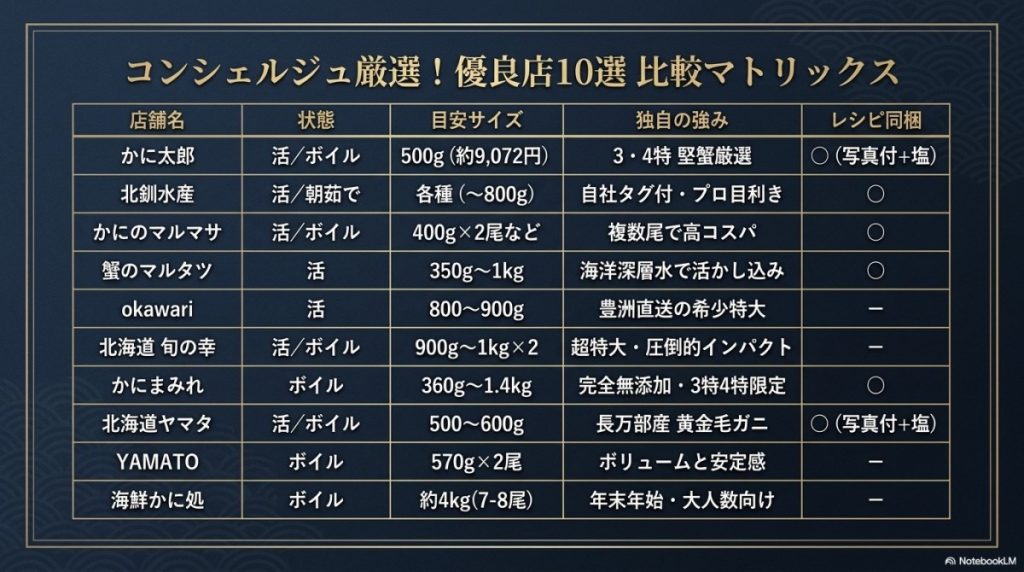 活 毛ガニ 通販のおすすめランキング10選の比較マトリックスの図解。